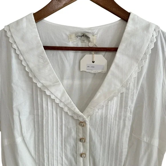 Simple Retro Fiona V Neck White Cotton Eyelet Lace Sailor Collar Midi Dress NWT - Picture 10 of 13